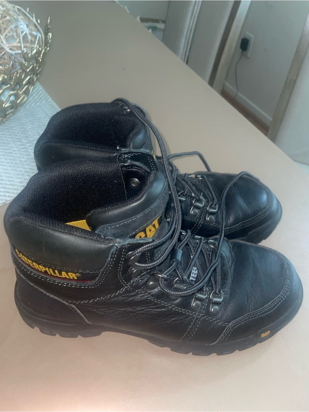 Caterpillar Black Leather Lace-Up Work Boots with Yellow Accents
